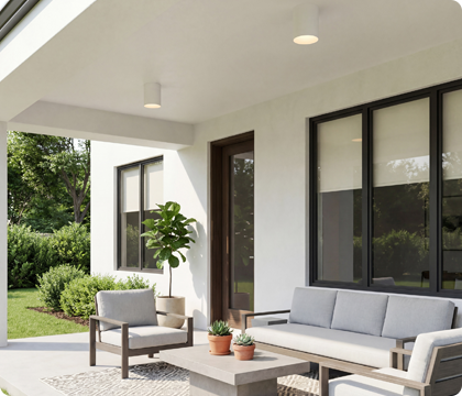 Covered patio lighting creating a comfortable outdoor gathering space