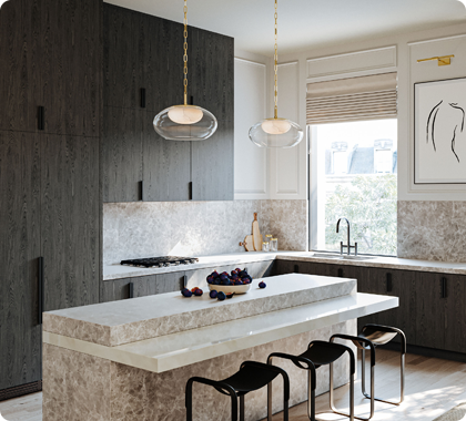 A modern kitchen space with a high ceiling lit by attractive pendant lights.