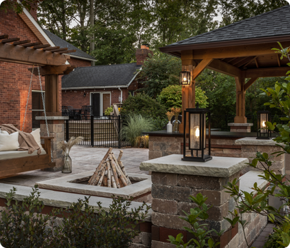 Firepit area enhanced with low-level outdoor lighting