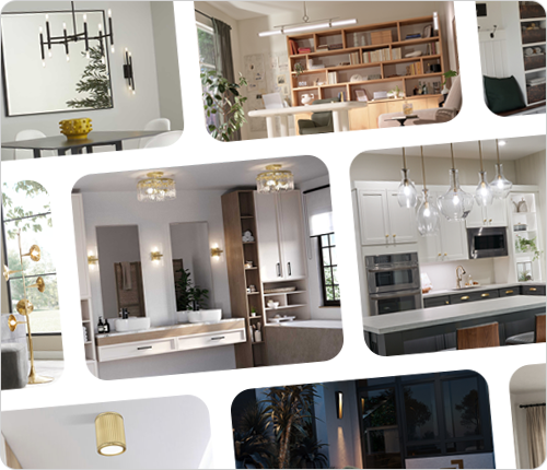 A collage of various rooms including a kitchen, dining room, bedroom, bathroom, and more that meet 2026 lighting standards.
