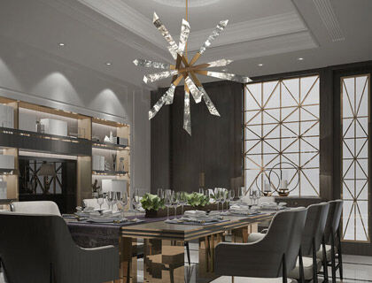 A glamorous, high-efficiency pendant warmly illuminating a modern dining space.