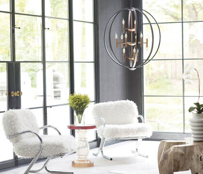An oversized chandelier in a well-lit nook offers both style and substance.