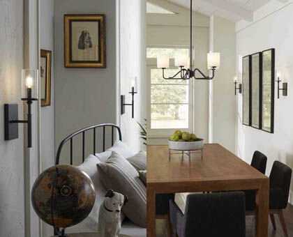The same wall sconces work just as well in a bedroom and dining area.