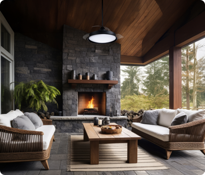 Covered patio lighting creating a comfortable outdoor gathering space