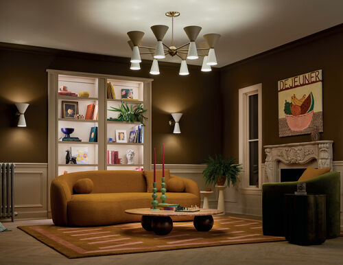  Human-centric lighting design with layered warm lighting supporting wellness in a modern living room.
