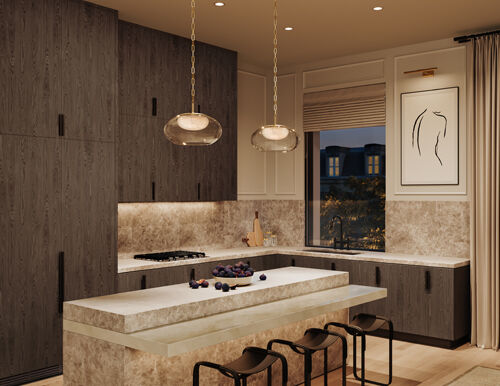 Modern kitchen lighting design with pendant lights over island and undercabinet lighting