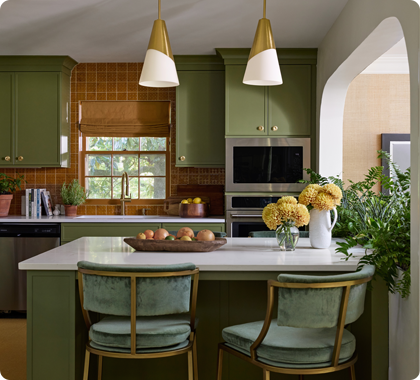 Completed interior design project with attractive pendants over a kitchen island.