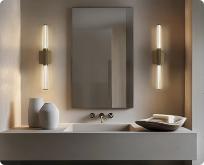 A bathroom vanity requires effective and attractive lighting, either above or on either side of the mirror.