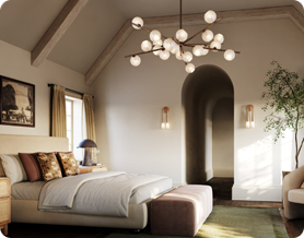 A cozy bedroom features layered lighting to promote restful comfort