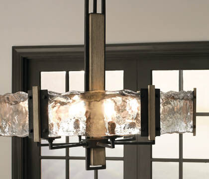 Textured glass is a standout feature, even on a mixed-material chandelier.