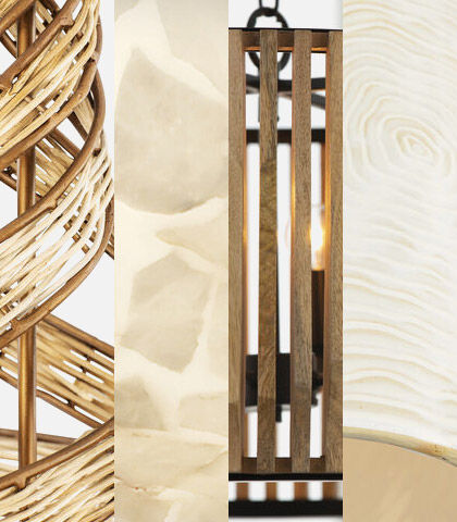 Natural material lighting fixtures including wood, rattan, ceramic, and stone trending in 2026 designs.