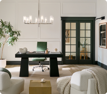A modern office features contrasting finishes in clean, linear forms.