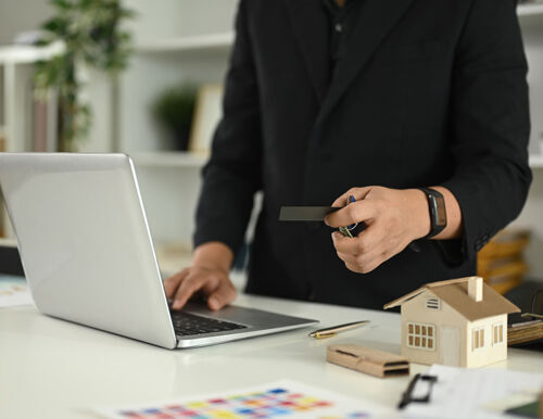 Trade professional browsing boutique eCommerce lighting platform on laptop