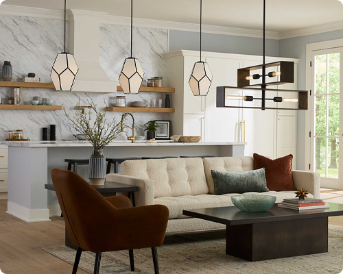  Modern open concept living space with layered lighting for kitchen dining and living room areas