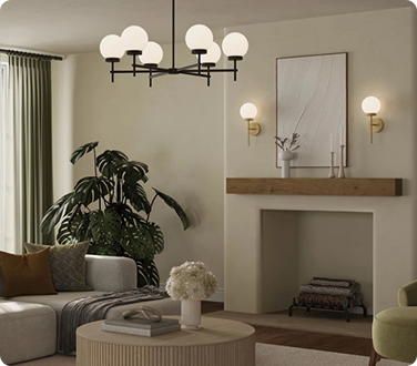 Black and brass lighting creates an elegant contrast in a transitional living room.