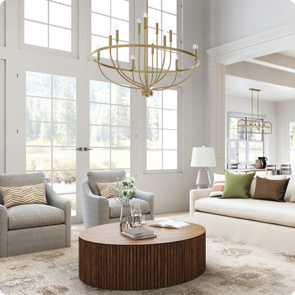 A grand living room deserves a grand chandelier to provide effective illumination.