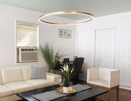 Sustainable lighting design in a modern interior using energy-efficient fixtures and warm light.