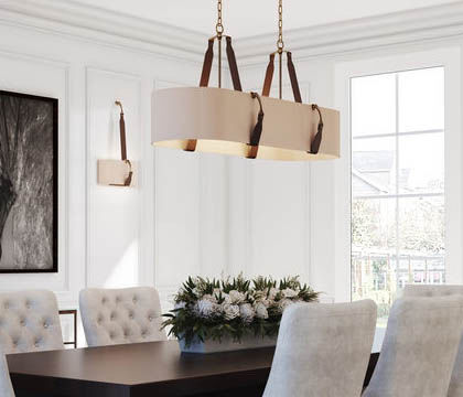 A mix of metal, leather, and linen shades makes this chandelier and sconce combo a dynamic feast of materials.