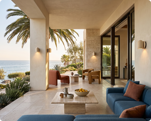 Outdoor living space with separate lighting zones for gathering