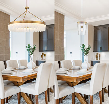 Lighting fixture scale comparison showing proper and improper chandelier sizing.