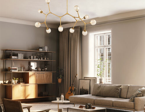 2026 lighting trends featuring warm brass chandelier, natural materials, and earthy color palette in modern interior design.