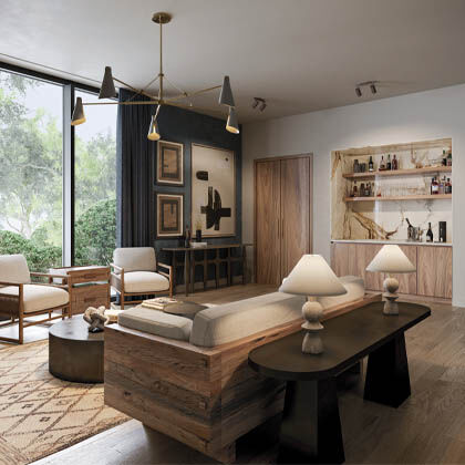 A living room benefits the most from well-placed layers of lighting, including chandeliers, flush mounts, and table lamps.