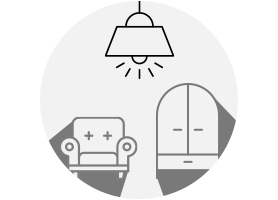A graphic depicting shadows emerging from a singular light source in a large space.