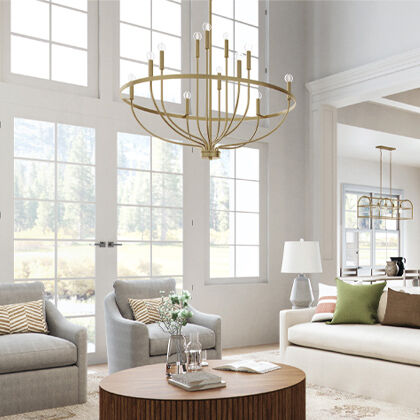 An elegant living room chandelier perfectly suited to an open-plan living space.