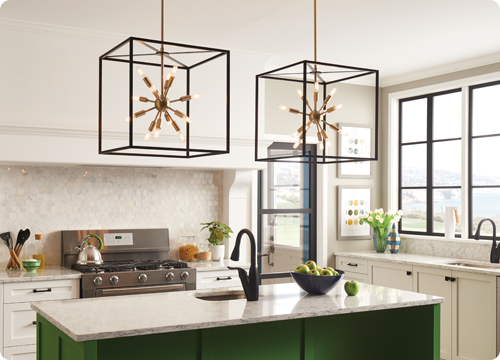 Gorgeous, modern pendants provide ample illumination and add personality to a kitchen workspace.