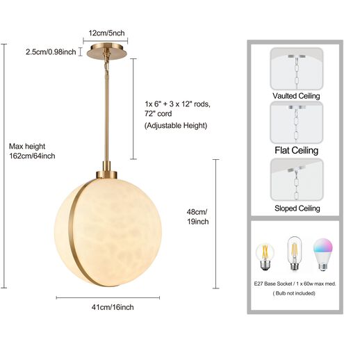 Lumis 1 Light 15.75 inch Lacquered Gold Pendant Ceiling Light, Converts to Semi Flush