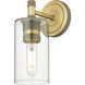 Downtown Urban Crown Point Armed Sconce Wall Light in Brushed Brass, Clear