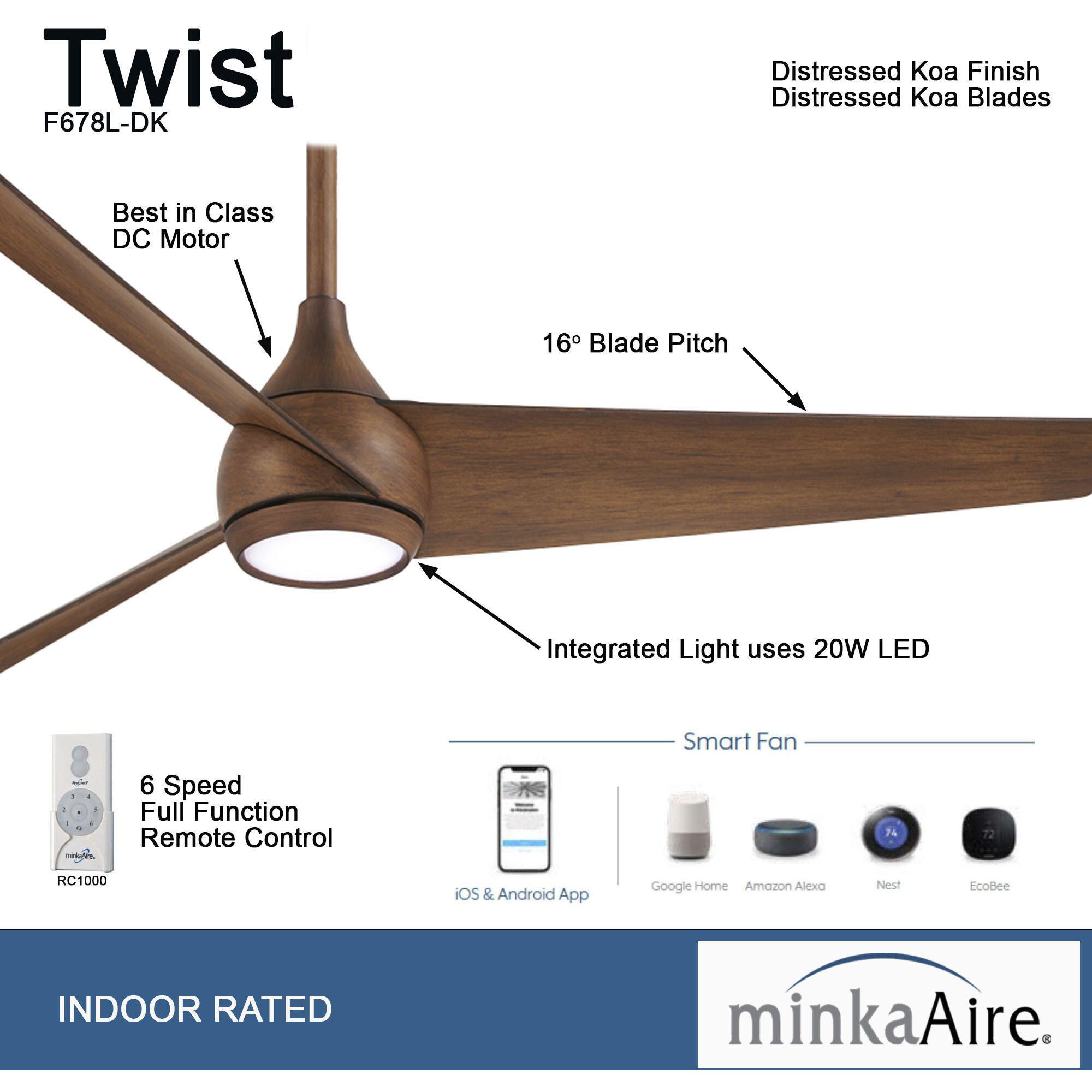 Twist 52 inch Distressed Koa Indoor Ceiling Fan, Wifi