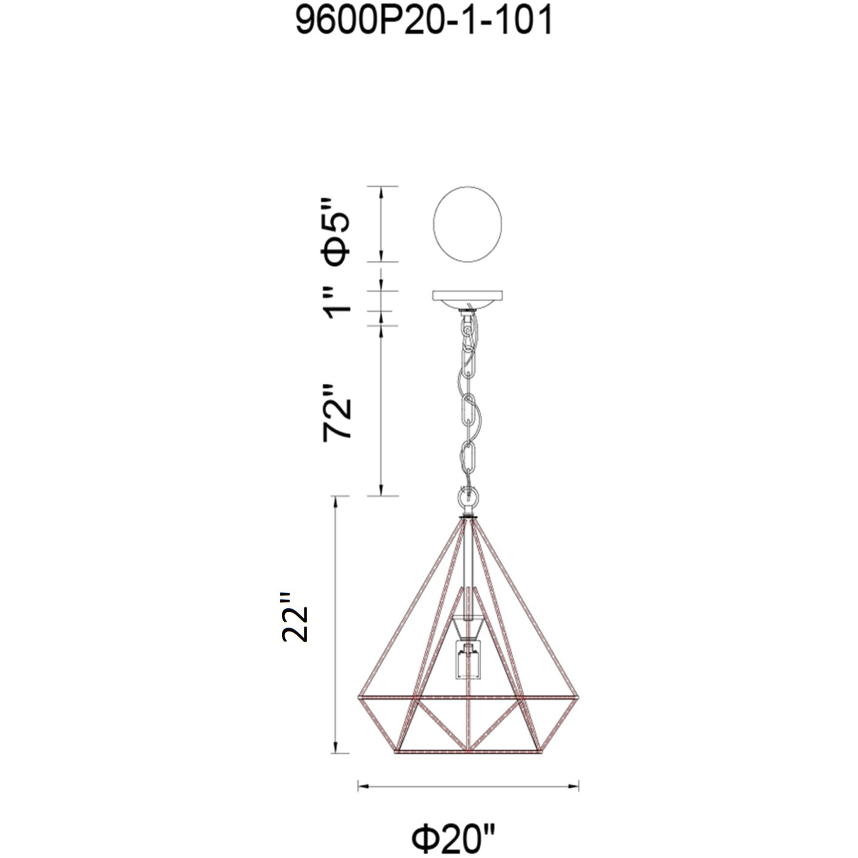 Diamond 1 Light 20 inch Black Down Pendant Ceiling Light
