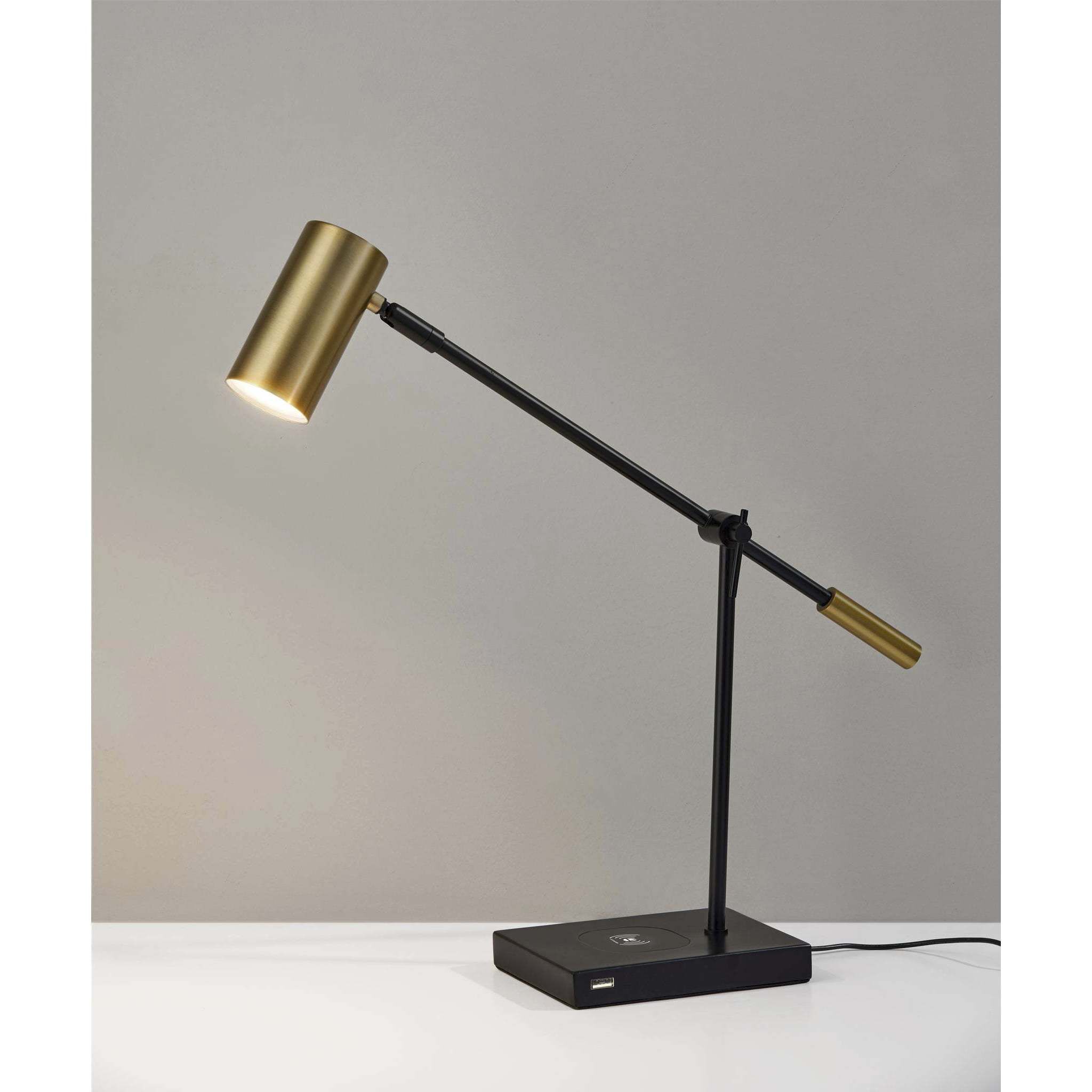 Collette 12 inch 7.00 watt Black and Antique Brass Desk Lamp Portable Light, with AdessoCharge Wireless Charging Pad and USB Port