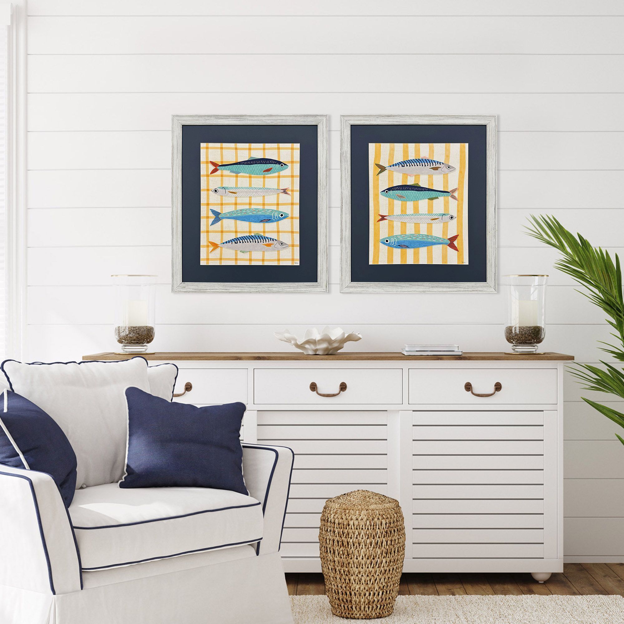 Little Fish Blue and Multi and Turquoise and Yellow Framed Art