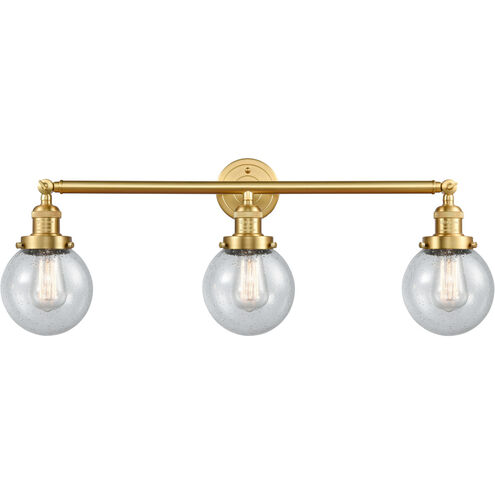 Franklin Restoration Beacon 3 Light 30 inch Satin Gold Bath Vanity Light Wall Light in Seedy Glass, Franklin Restoration