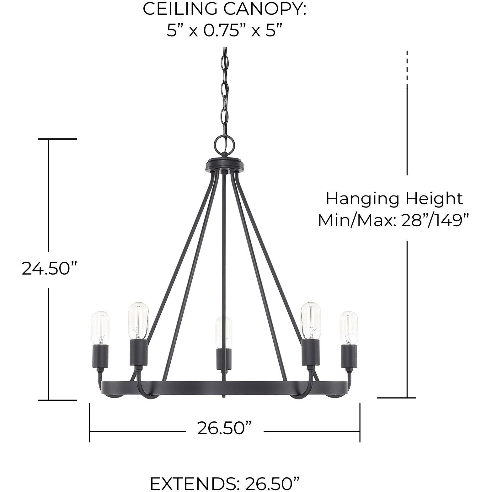 Tanner 5 Light 27 inch Matte Black Chandelier Ceiling Light
