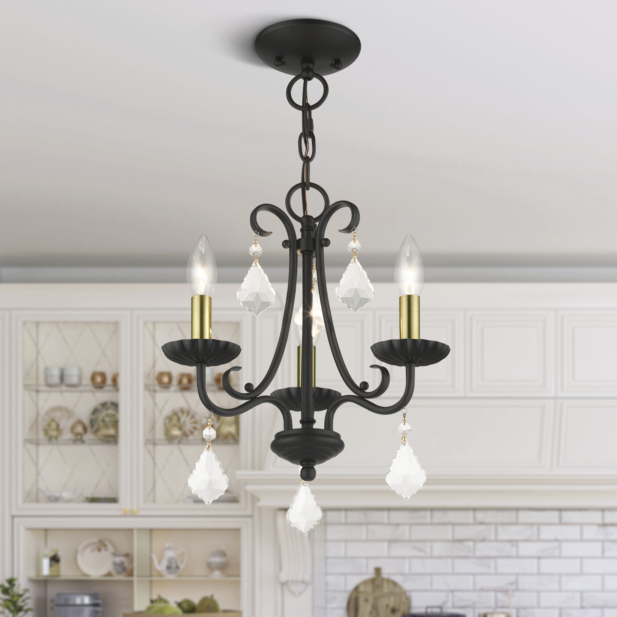 Daphne 3 Light 13.88 inch Black with Antique Brass Finish Accents Mini Chandelier Ceiling Light in Black with Antique Brass Accents