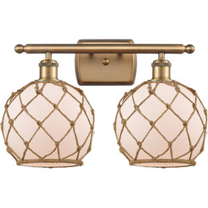 Ballston Farmhouse Rope 2 Light 16 inch Brushed Brass Bath Vanity Light Wall Light in White Glass with Brown Rope, Ballston