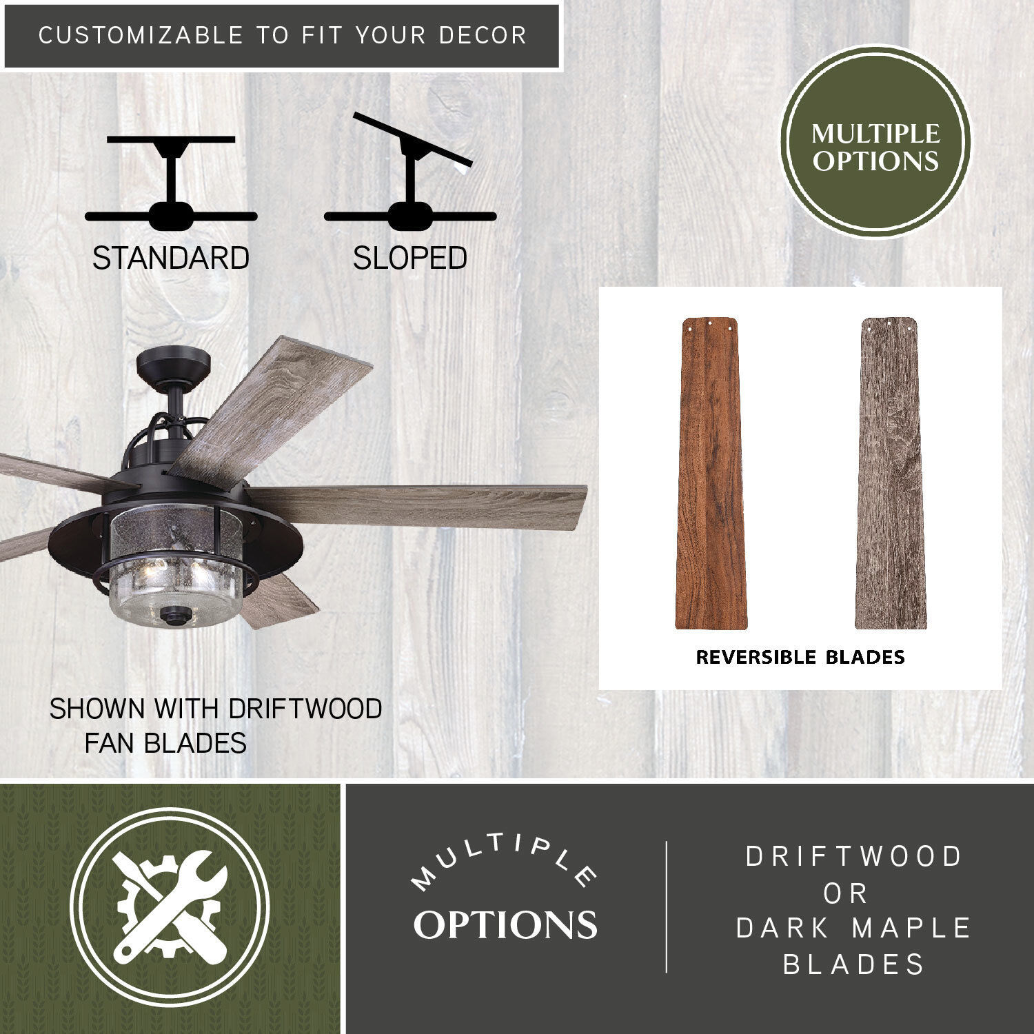 Charleston 56 inch New Bronze with Driftwood-Dark Maple Blades Ceiling Fan