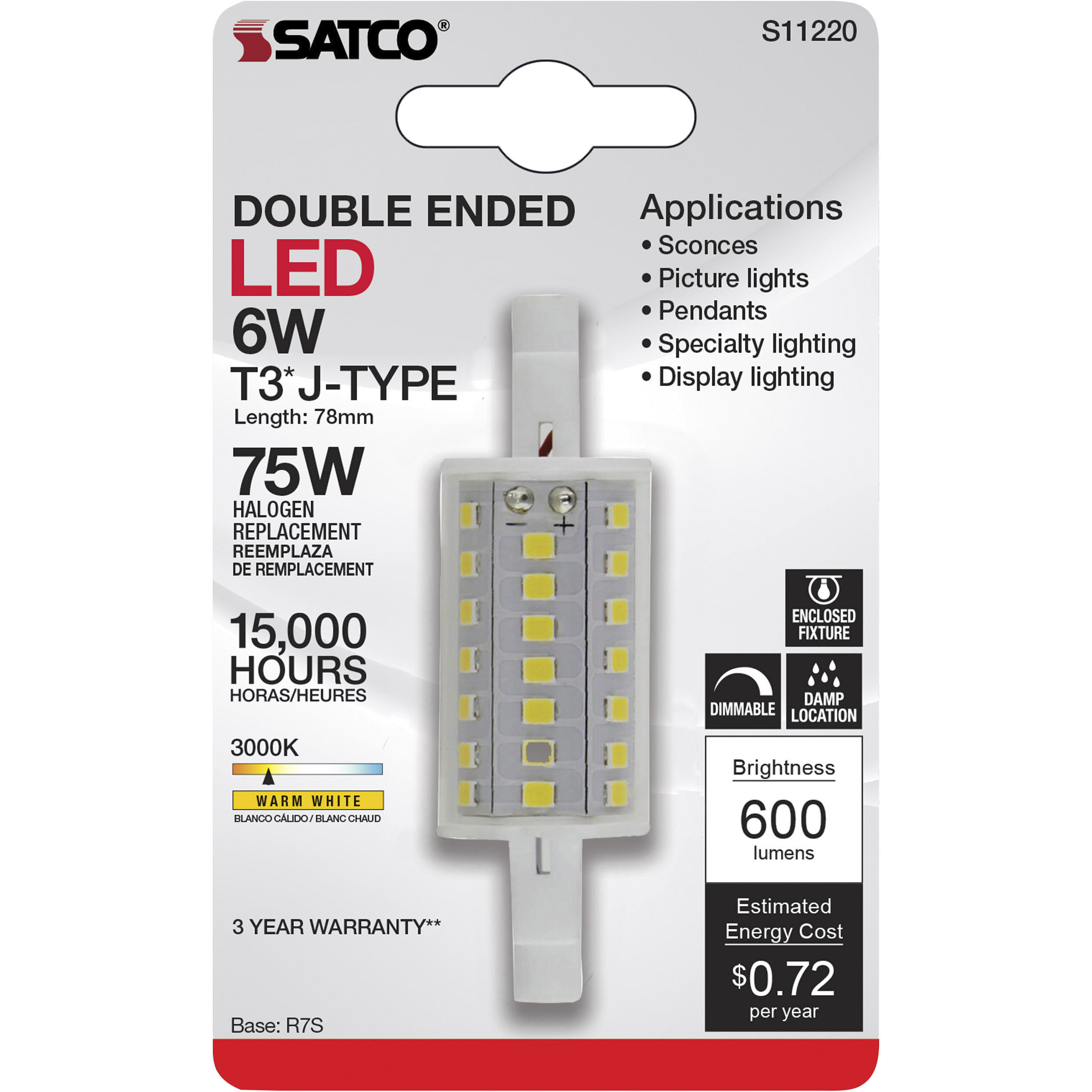 Satco S11220 6W T3 LED Bulb R7S Base 3000K