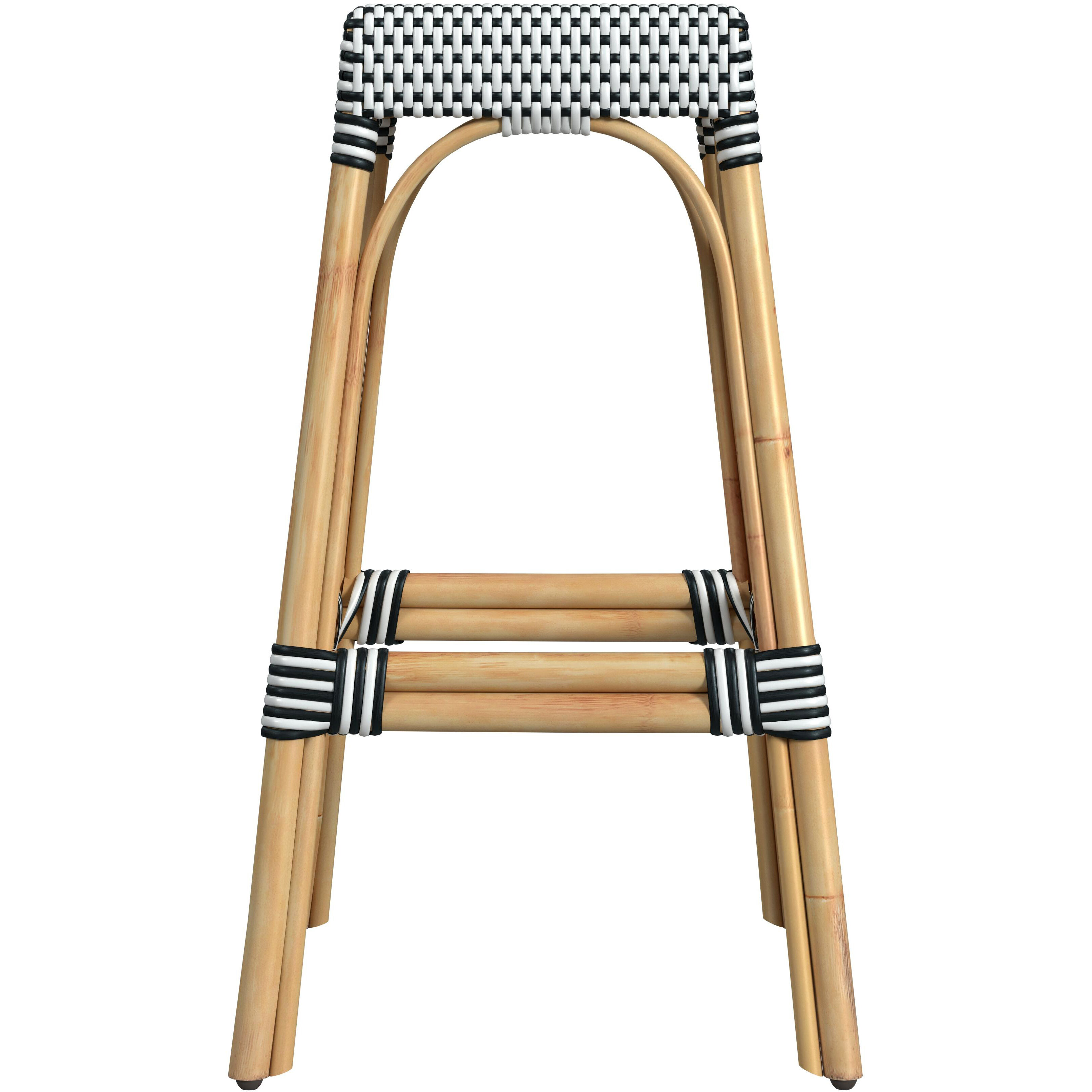 Robias Rectangular Rattan 30" Bar Stool in White and Black Dot