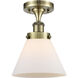 Cone 1 Light 7.75 inch Antique Brass Semi-Flush Mount Ceiling Light in Matte White Glass, 9.75