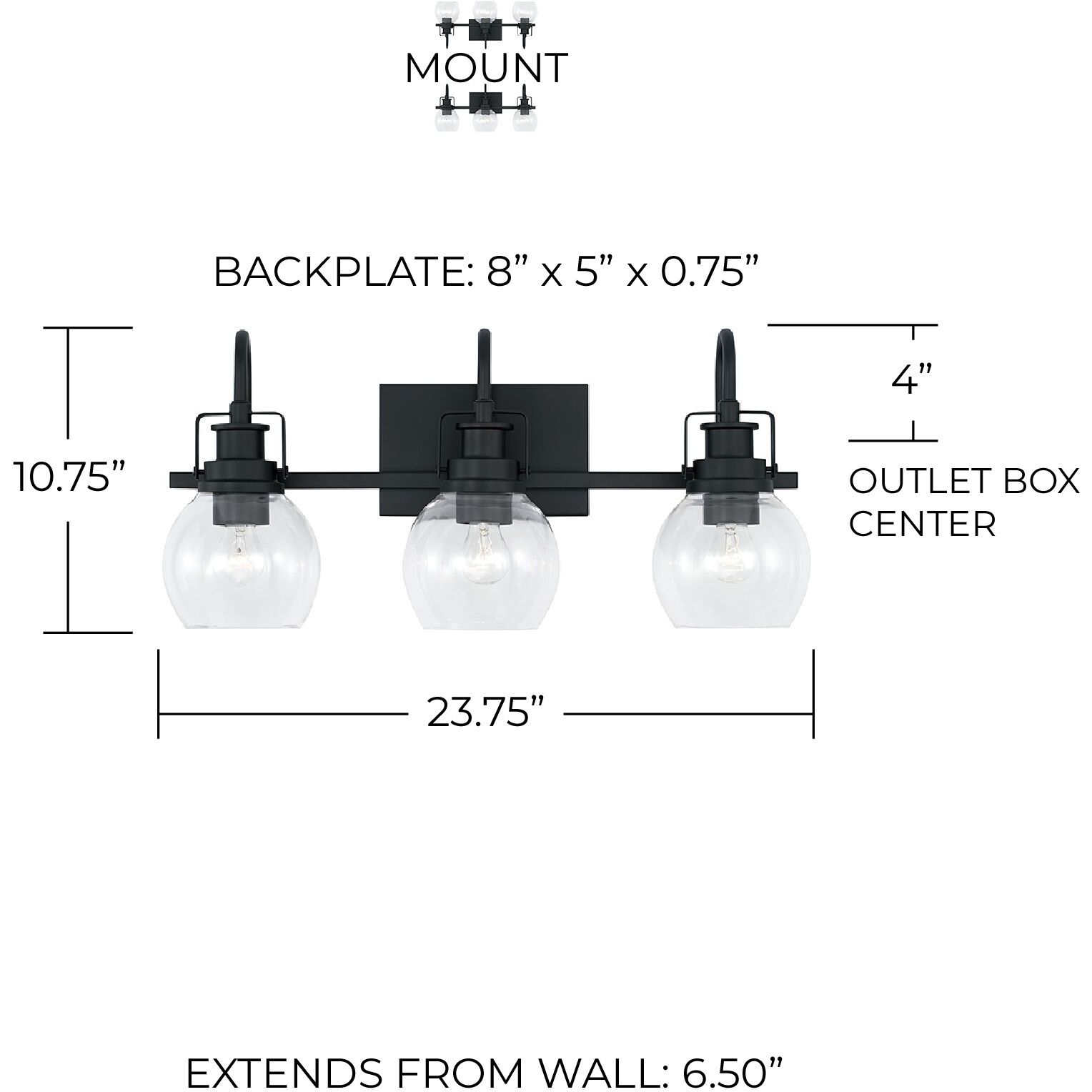 Elijah 3 Light 23.75 inch Matte Black Vanity Light Wall Light