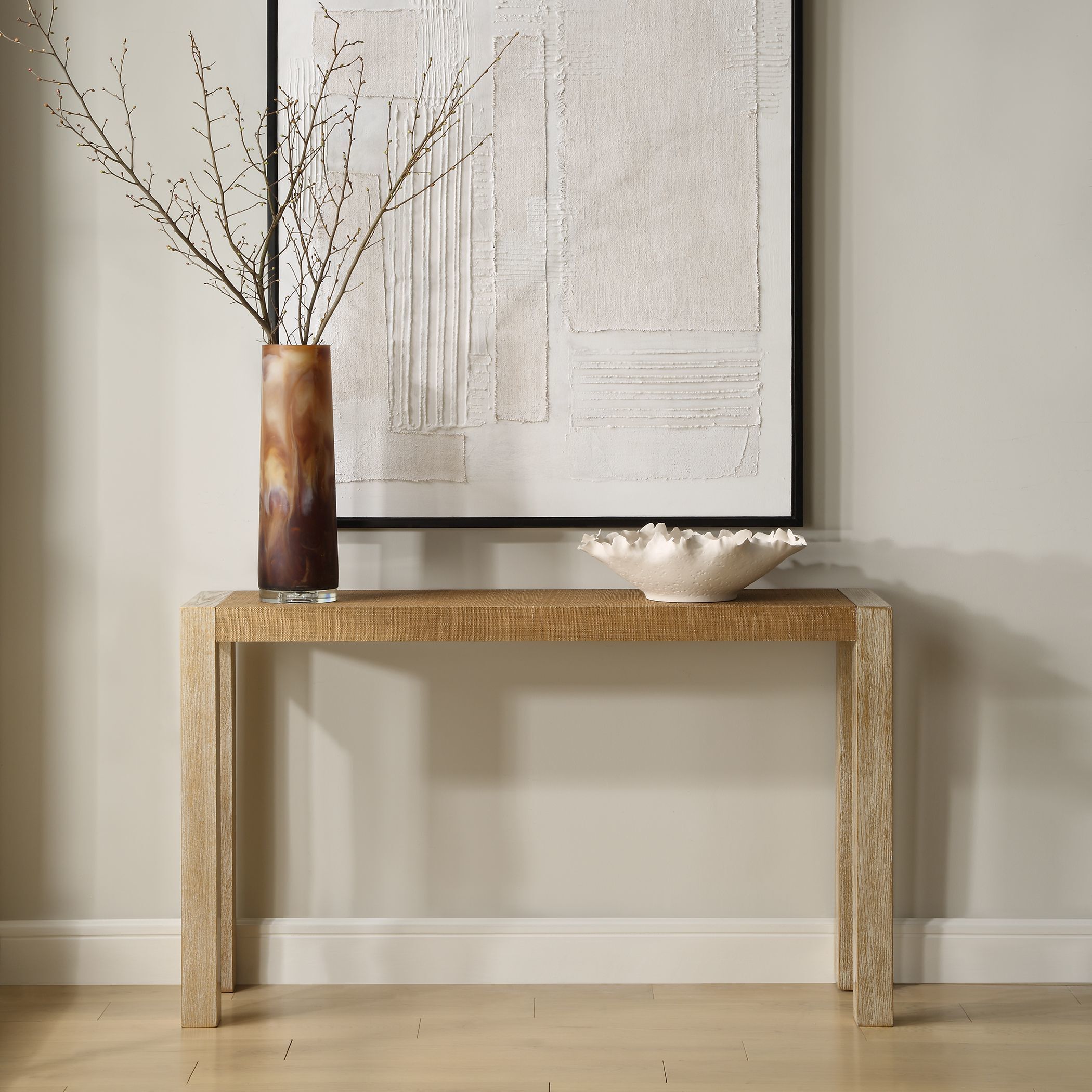 Bentley 52 inch Textured Grasscloth and Oak Veneer Console Table