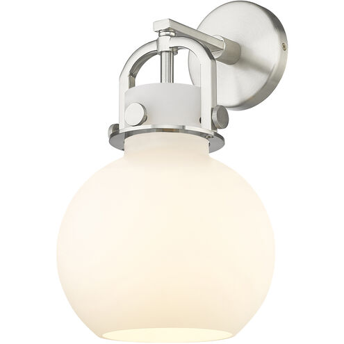 Downtown Urban Newton Sphere Armed Sconce Wall Light in Satin Nickel, Matte White