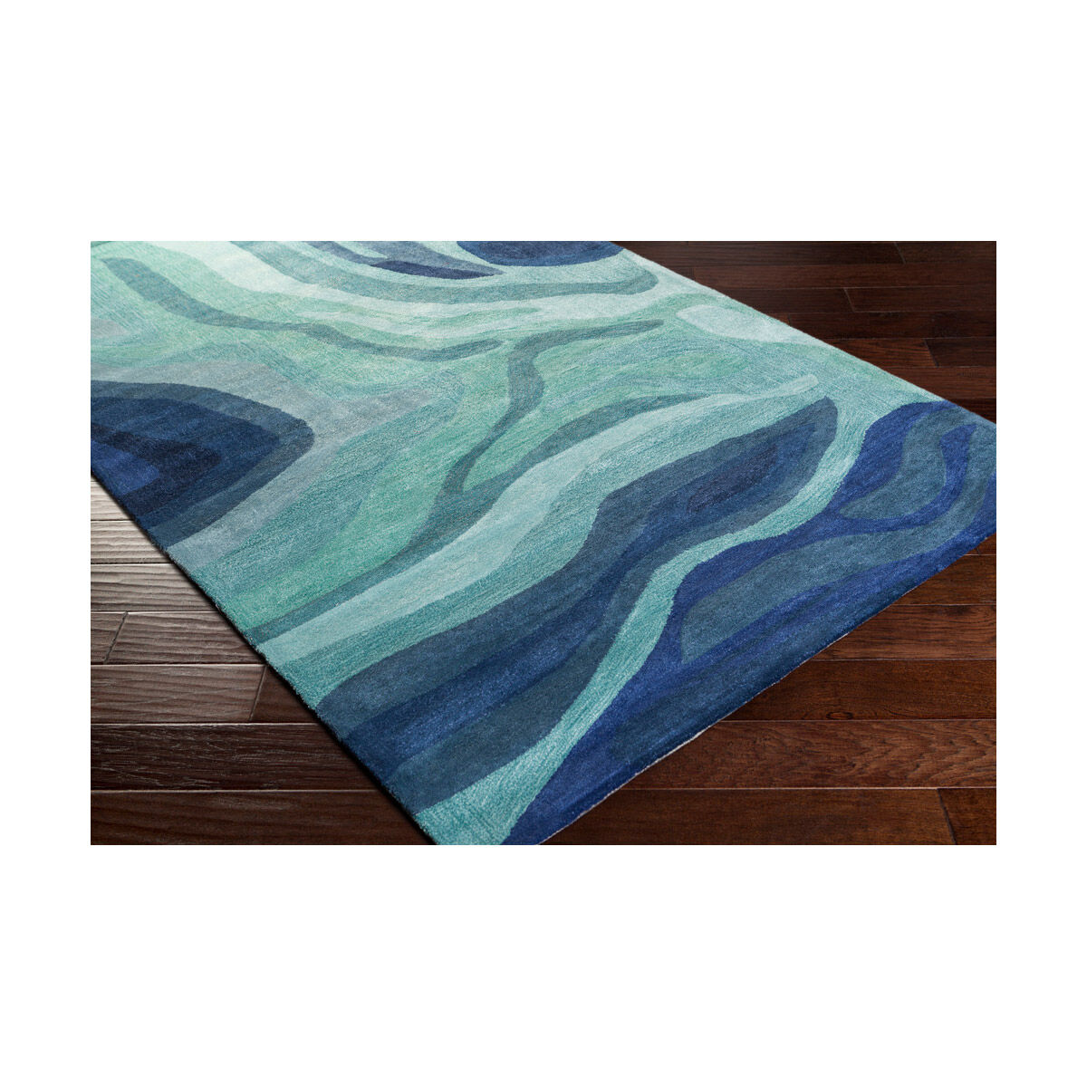 Pigments 96 X 30 inch Teal/Dark Blue/Silver Gray/Navy/Denim Rugs, Polyester and Viscose