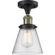 Franklin Restoration Small Cone LED 7 inch Black Antique Brass Semi-Flush Mount Ceiling Light in Seedy Glass, Franklin Restoration
