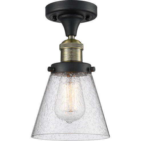 Franklin Restoration Small Cone LED 7 inch Black Antique Brass Semi-Flush Mount Ceiling Light in Seedy Glass, Franklin Restoration