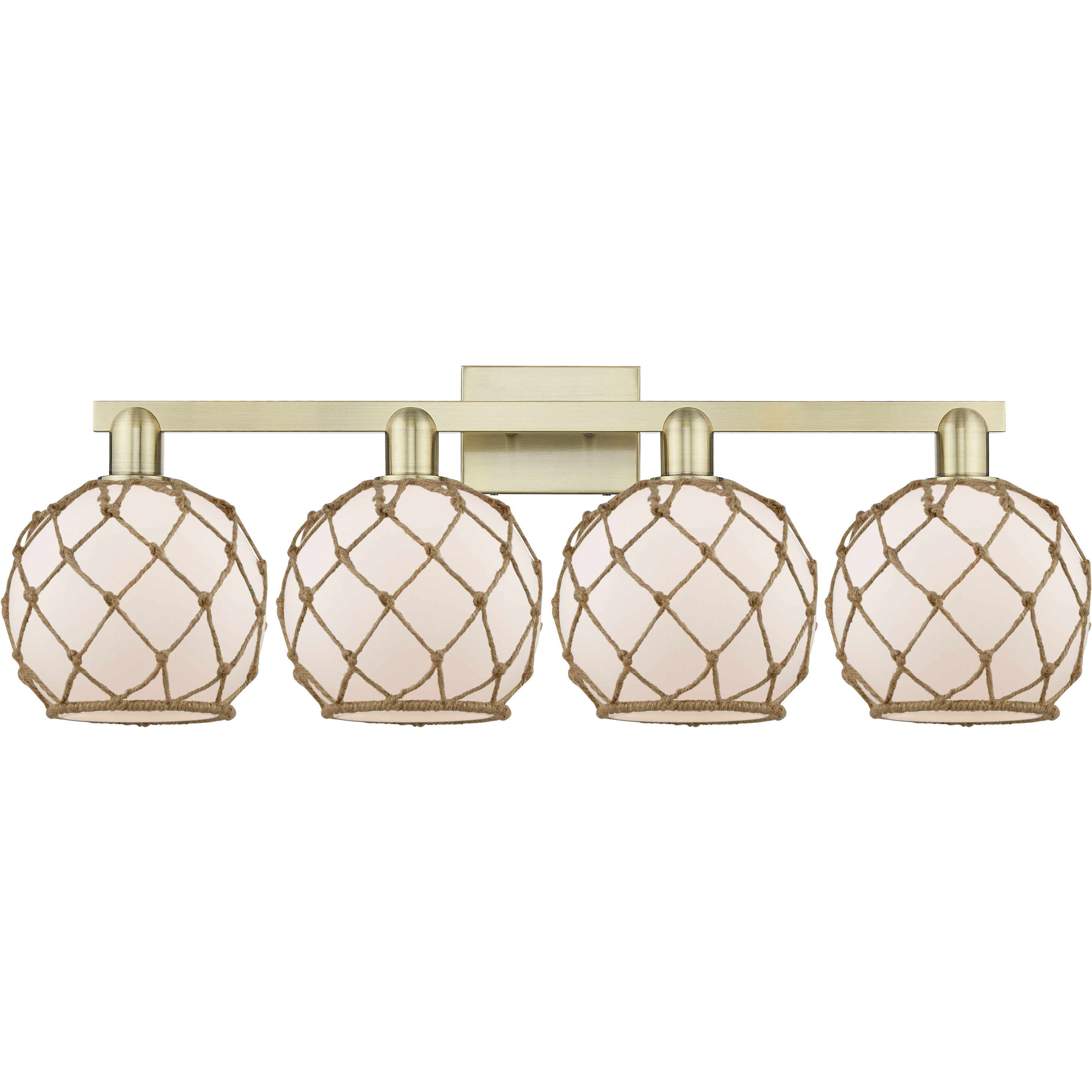 Arcadia Farmhouse Rope 4 Light 35 inch Antique Brass Bath Vanity Light Wall Light in White Glass with Brown Rope